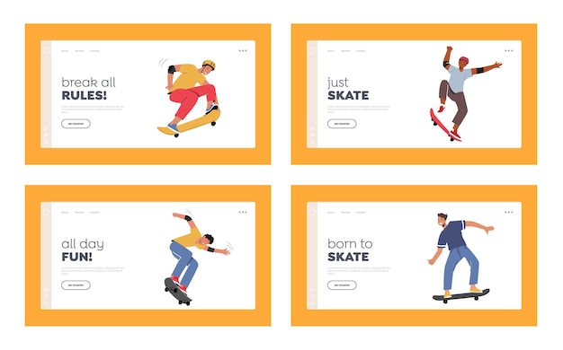 Junge leute, die longboard-landing-page-vorlage skaten. jugendliche skater jungen und mädchen freiheit lifestyle. urban culture, sport teens machen stunts oder tricks auf skateboards. cartoon-vektor-illustration