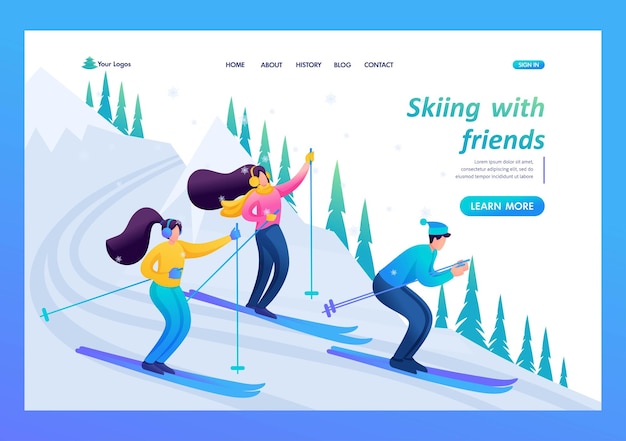 Vektor junge leute freunde skifahren entspannen in den bergen freundschaft flacher 2d-charakter landing page konzepte und webdesign