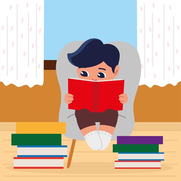 Junge liest mit Büchern