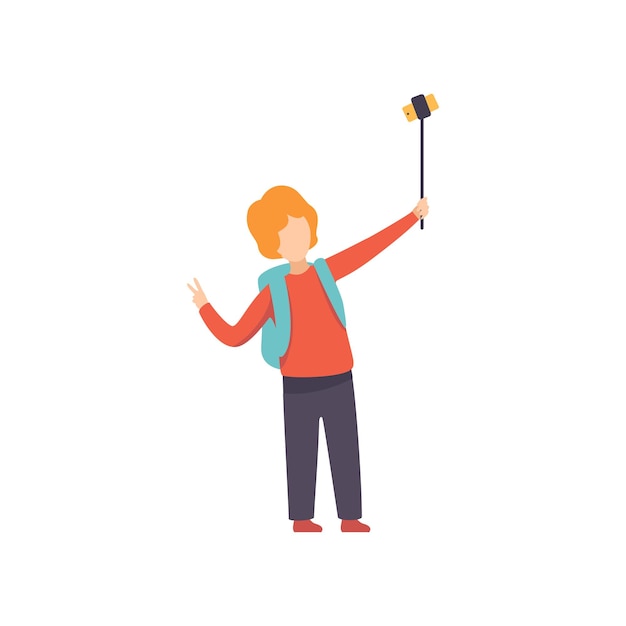 Junge macht selfie-foto mit dem smartphone kind macht foto oder video mit selfie-stick-vektorillustration auf weißem hintergrund