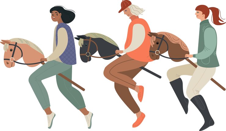 Junge Mädchen reiten auf einem Stöckpferd Hobby Pferdesport Moderne Kinder-Sport-Hobby