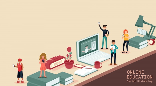 Junge Männer und Frauen mit Smartphones und SMS, Sprechen, Studentenstudium am Computer, Online-Prüfung, Fragebogen im Internet, Online-Bildung, Illustration