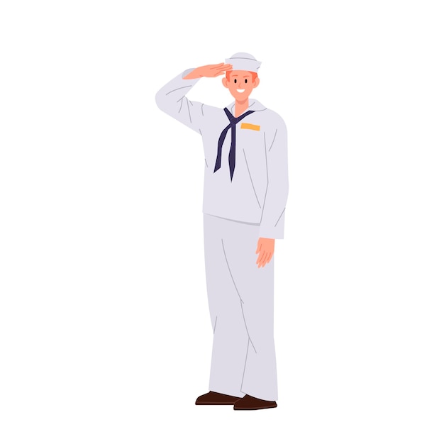 Junge männliche Kapitän Kabinenjunge oder Steward nautische Besatzungsmitglied Zeichentrickfigur isoliert auf weißem Hintergrund Lächelnd glücklich professioneller Bootsführer in Marineuniform Salutierender Vektorillustration
