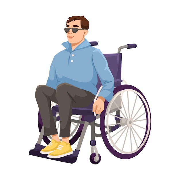Junge Mann im Rollstuhl mit Sonnenbrille und blauem Hemd Vektorillustration