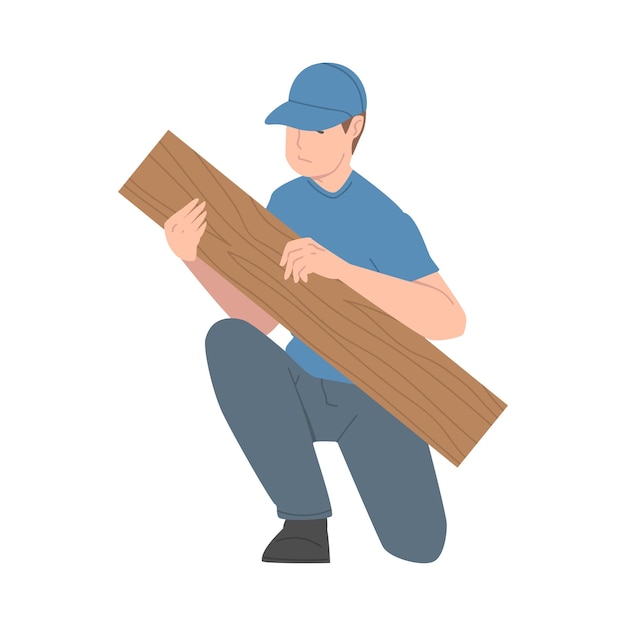 Junge Mann mit blauer Mütze montiert und installiert Holzmöbel Vektorillustration