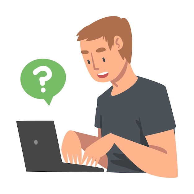 Junge Mann stellt eine Frage mit Hilfe eines Internet-Suchsystems auf seiner Laptop-Vektorillustration