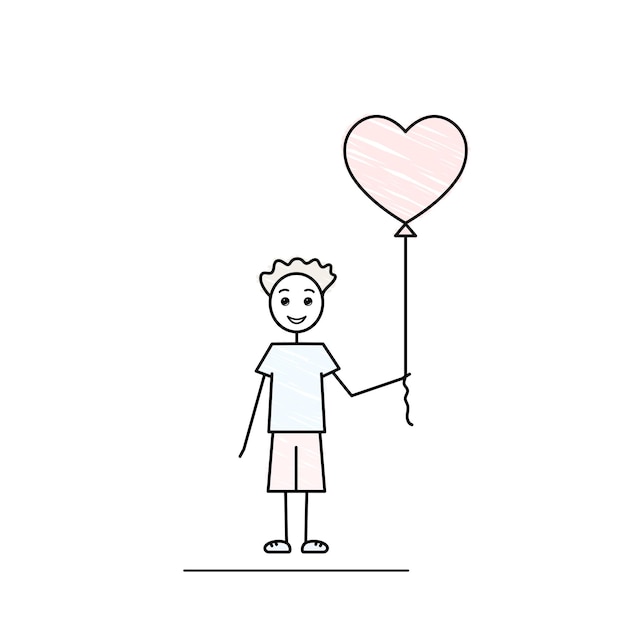 Junge mit ballon süßer kleiner kerl mit herzförmigem ballon männliche figur isoliert auf weißem hintergrund schwarze linie doodle vektor illustration bleistift gezeichnet stil einzelner mann