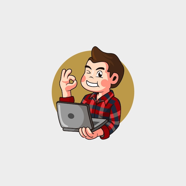 Junge mit Laptop gibt OK-Zeichen