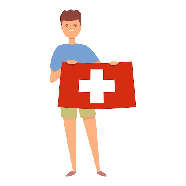 Junge mit schweiz-flagge-symbol, cartoon-vektor niedlicher junge aus der welt