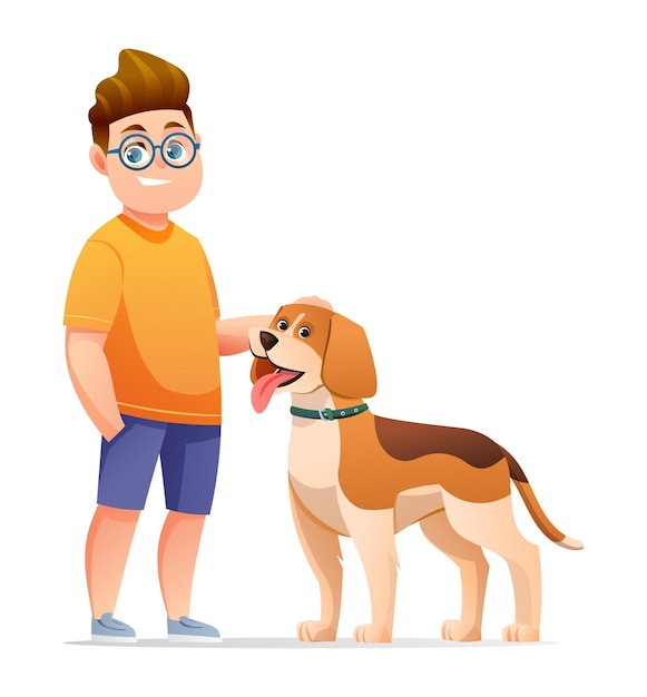 Vektor junge mit seiner beagle-hundekarikaturillustration