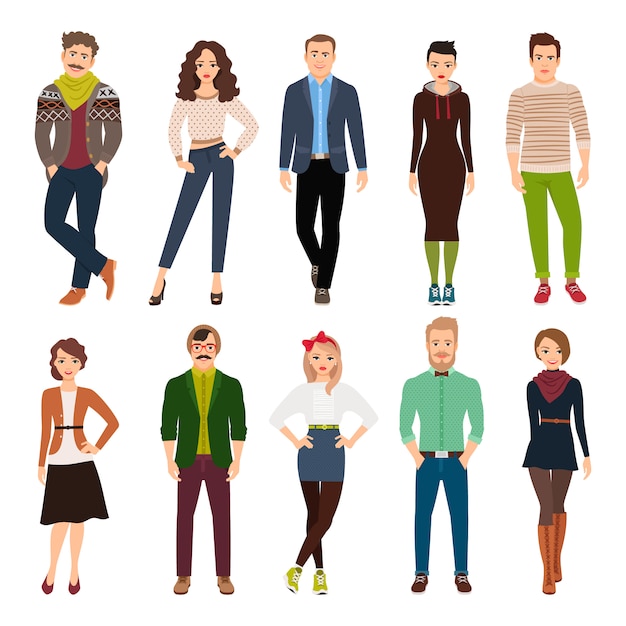Junge Modeleute der hübschen netten Karikatur lokalisiert. Freizeitkleidung Männer und Frauen Vektor-Illustration
