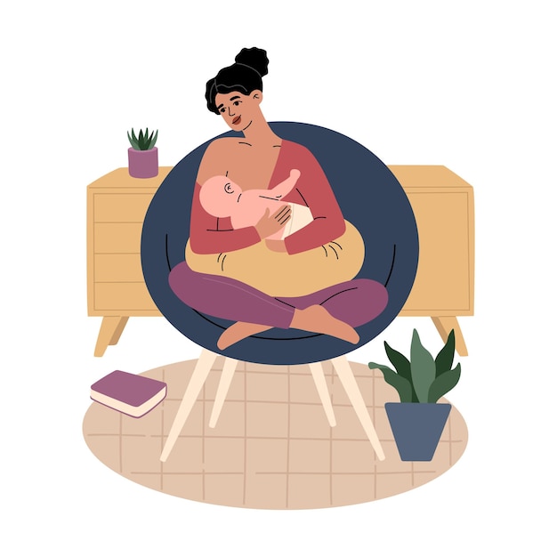 Junge Mutter hält neugeborenes Kind. Lächelnde Frau, die auf einem Stuhl sitzt und ihr Baby stillt.