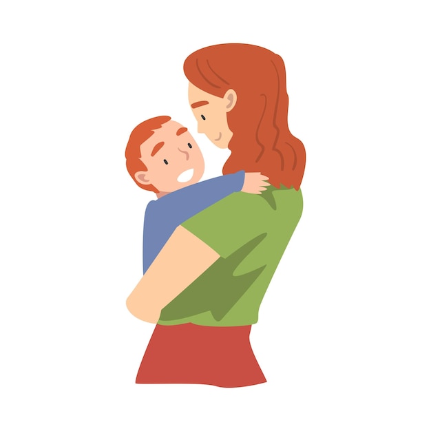 Junge Mutter mit ihrem Kleinkind in den Armen Glückliche Erziehung Mutterschaft und Kinderpflege Cartoon-Vektorillustration