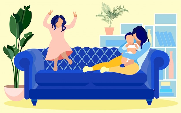 Junge Mutter, Zeit mit Kindern zu Hause verbringend
