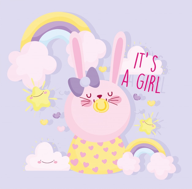Junge oder mädchen, geschlecht decken sein ein niedliches kaninchen des mädchens mit friedensstifterregenbogen-dekorationskarte auf