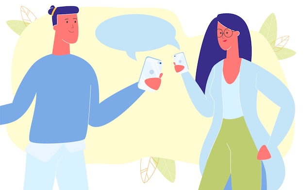 Junge Paare, die durch Smartphones, Chat in Verbindung stehen