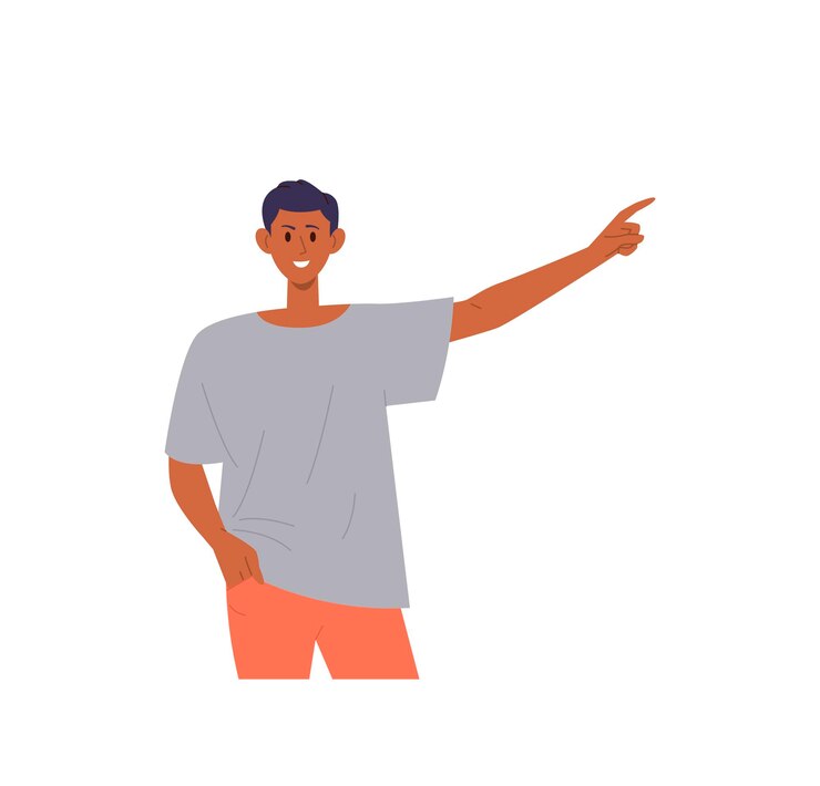 Vektor junge, positiv lächelnde teenager-mann, zeichentrickfilm-teenager, der mit dem zeigefinger auf die linke seite weist, werbung, die etwas präsentiert, das isoliert auf weißem hintergrund steht, vektorillustration