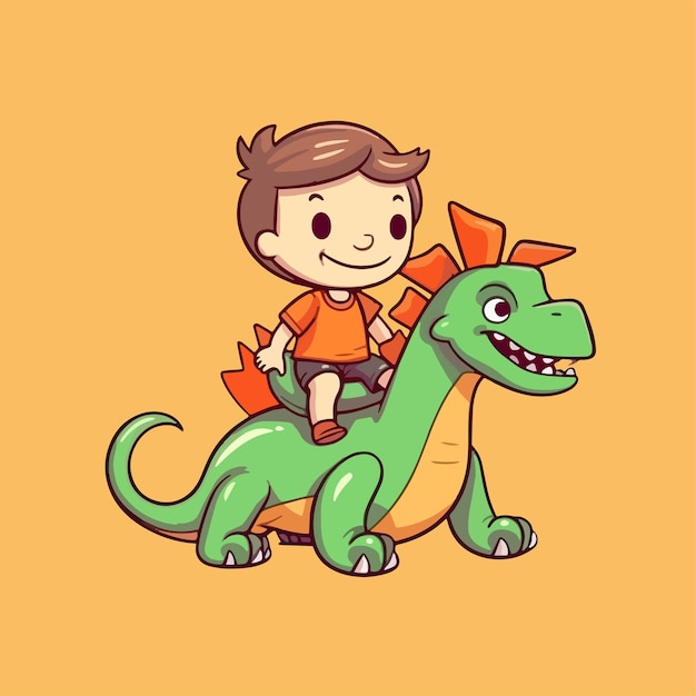 Junge reitet mit seinem hemd auf einem dinosaurier.