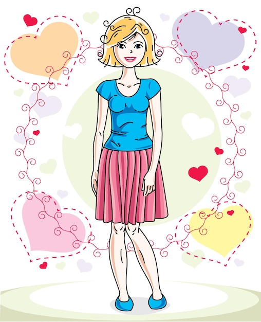 Junge schöne blonde erwachsene frau, die auf buntem hintergrund mit valentinsherzen in moderner freizeitkleidung steht. vektor nette dame illustration.