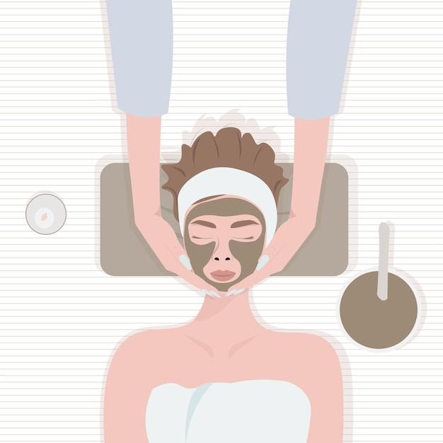 Junge schöne Frau mit Kopfmassage im Spa-Salon Draufsicht-Vektorillustration