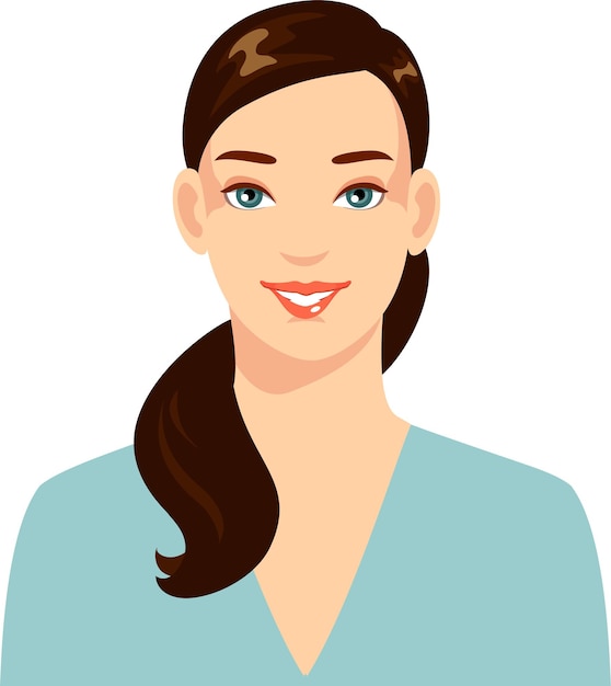 Junge schöne Frau mit langen braunen Haaren, Pferdeschwanzfrisur und blauen Augen, Avatar-Gesichtsporträt