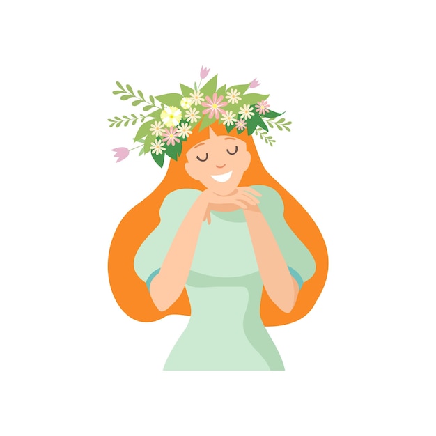 Junge schöne langhaarige Frau mit Blumenkranz im Haar Porträt eines eleganten lächelnden Mädchens mit Blumenkranz Vektorillustration auf weißem Hintergrund