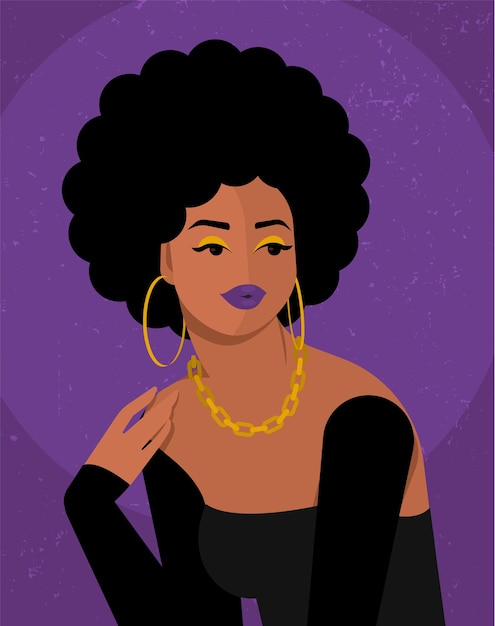 Junge schöne schwarze Frau mit einer prächtigen Afro-Frisur. Große Creolen und goldene Kette um den Hals. Sehr süß, verspielt, tanzbar und flirtend. flache Illustration.