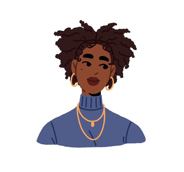 Junge schwarze Frau mit Afro-Frisur Porträt für Benutzerprofil Weiblicher Avatar mit süßem Gesicht Kopf eines glücklichen Mädchens mit Ohrringen Halskette flache isolierte Vektorillustration auf weißem Hintergrund
