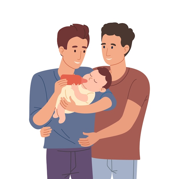 Junge schwule väter füttern gemeinsam das baby aus einer babyflasche