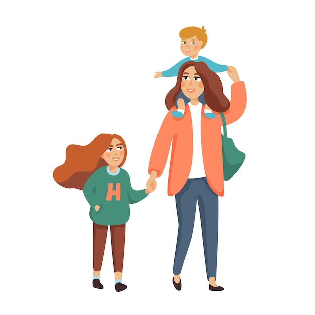 Junge stilvolle Mutter oder Kindermädchen, Babysitter, der mit Kindern, Jungen und Mädchen geht