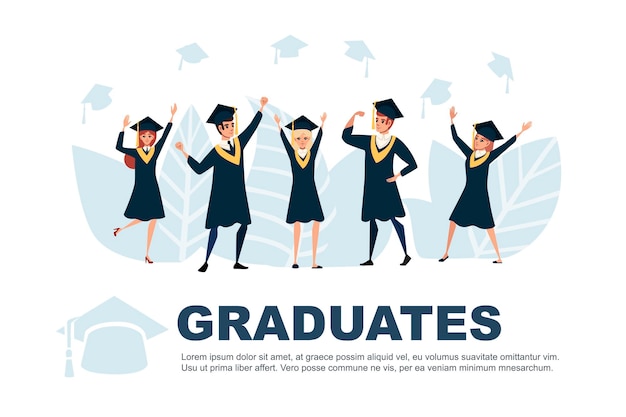 Junge Studenten absolvierten Charaktere Cartoon Design flache Vektor-Illustration Werbebanner