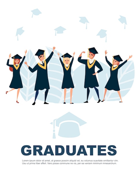 Junge Studenten absolvierten Charaktere Cartoon Design flache Vektor-Illustration Werbebanner