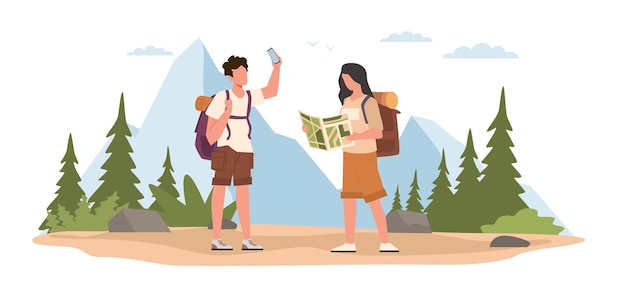 Junge Touristen wandern im Wald Aktiven Lebensstil Cartoon flache Illustration Vektorkonzept