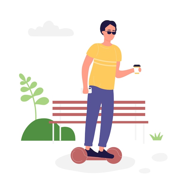 Junge trinkt Kaffee auf selbstbalancierendem Hoverboard