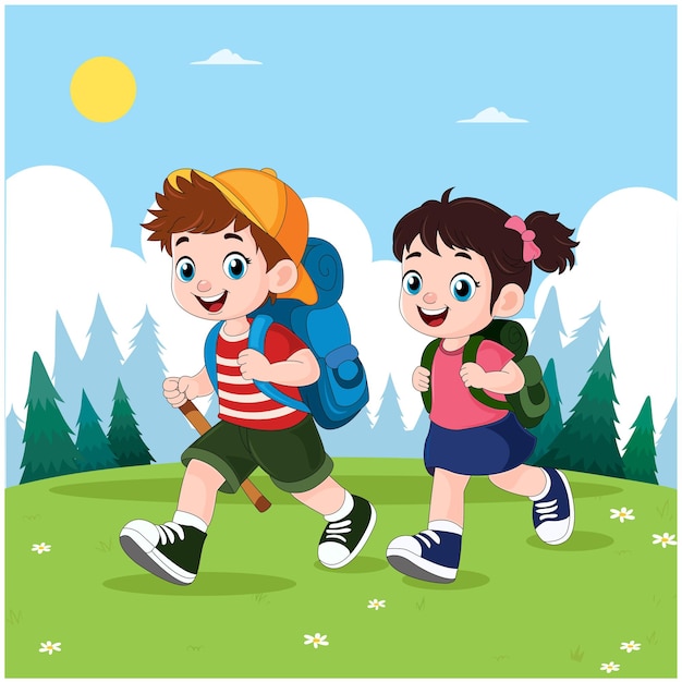 Junge und Mädchen wandern in der Bergvektorillustration