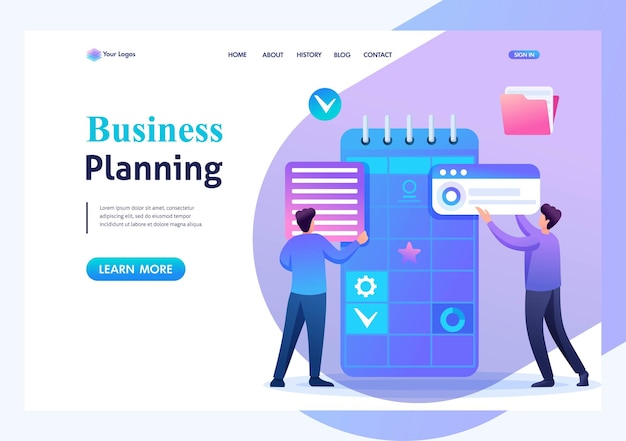 Junge unternehmer beschäftigen sich mit der vorbereitung der geschäftsplanung für den monat flat 2d character landing page konzepte und webdesign