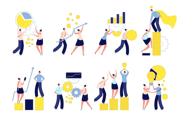 Junge Unternehmer. Büroperson, Firmenleute, die Präsentation machen. Erfolgsfinanzierungsgeschäft und Investitionsvektorillustration. Unternehmer, junger Mann im Amt