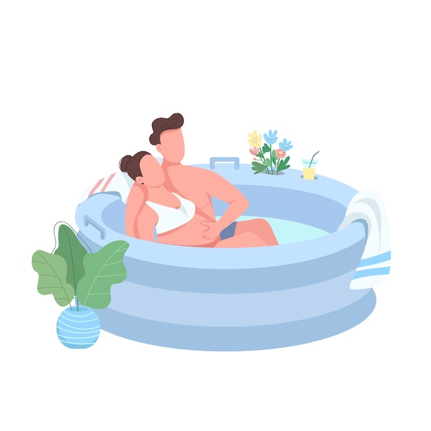 Junge werdende eltern flacher, gesichtsloser charakter. frau und mann in der wanne. schwangere frau. lamaze-geburtsmethode isolierte karikaturillustration für webgrafikdesign und -animation