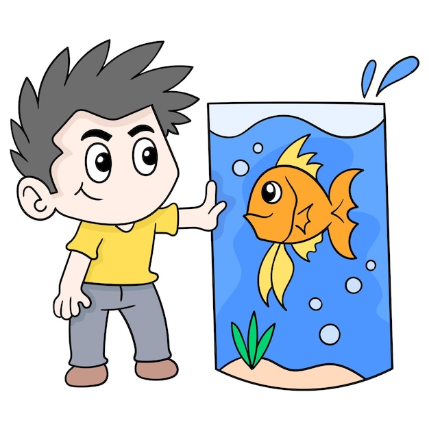 Junge züchtet fische in einem großen aquarium, vektorillustrationskunst. doodle symbolbild kawaii.