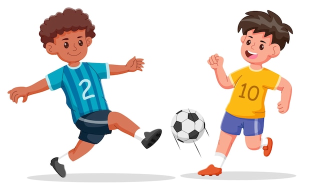 Jungen, die zusammen fußball spielen, zwei glückliche kleine kinder, die fußball spielen Premium-Vektor