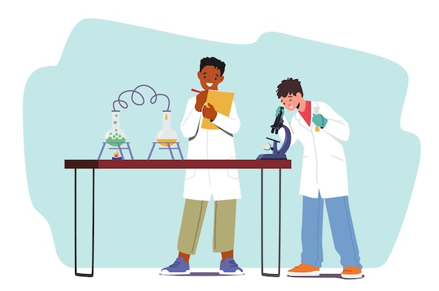Jungen führen chemisches experiment durch. kinderfiguren lernen chemie im klassenzimmer und experimentieren im labor mit reagenzgläsern