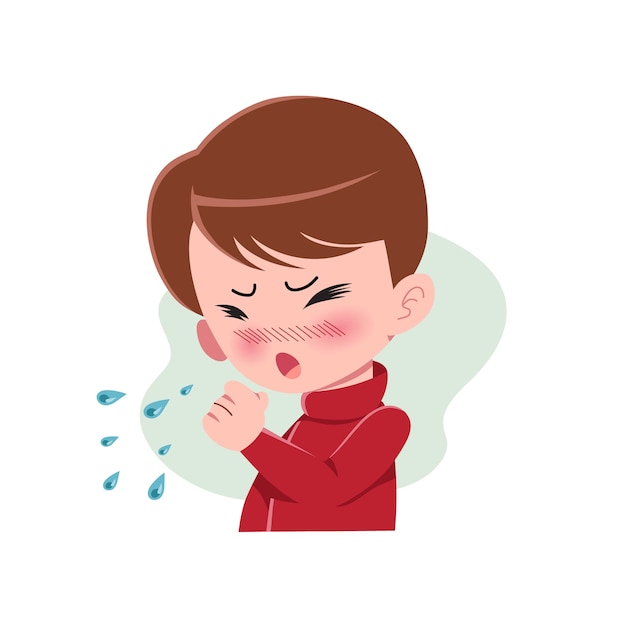 Jungen oder Menschen, die unter verschiedenen Symptomen der Erkältung und Grippe leiden. Charakter mit Husten. Krankheitskonzept. Isoliert. Illustration im flachen Cartoon-Stil. Gesundheit und Medizin. EPS 10