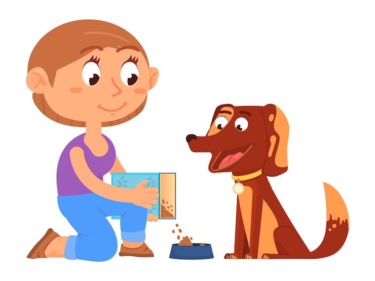 Vektor jungenfütterungshund. nettes lächelndes kind, das sich um haustier kümmert. vektorillustration