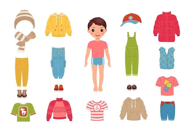 Vektor jungenkleidung, kindermode-outfit-konstrukteur, männlicher fashionista, papierpuppe mit jacken und westen, overalls und pullover, saisonale garderobe, schuhe und kleidung, vektor-kleidungsset