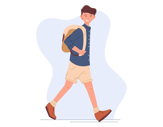 Vektor junger, fröhlicher mann, student in shorts mit rucksack, flacher stil, vektorisolierte illustration