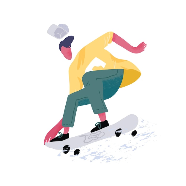 Junger gesichtsloser Skateboarder, der Skateboard reitet. Moderner männlicher Skater mit Skateboard. Extremsport im Sommer. Flache strukturierte Vektorillustration lokalisiert auf weißem Hintergrund.