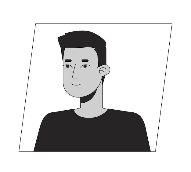 Junger indischer brünetter Mann schwarz weiß Cartoon-Avatar-Symbol Bearbeitbares 2D-Charakter-Benutzerporträt lineare flache Illustration Vektor-Gesichtsprofil Umriss von Kopf und Schultern einer Person