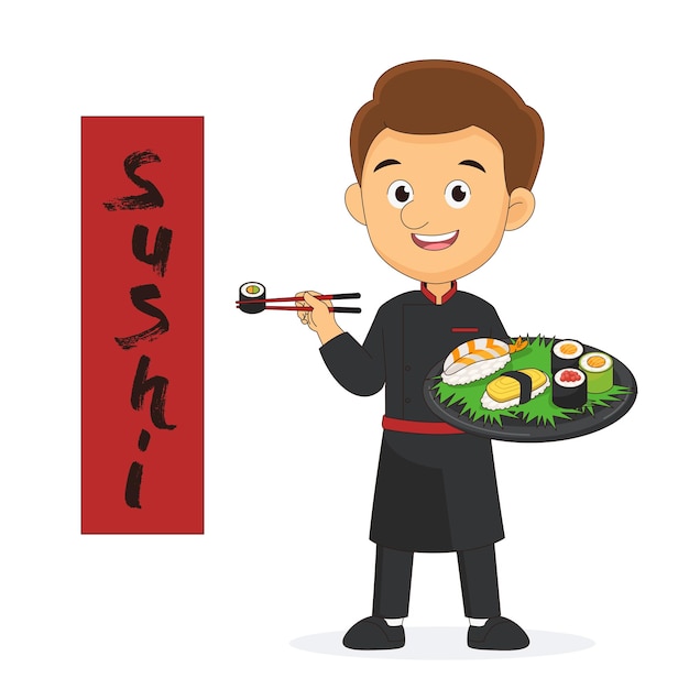 Vektor junger koch des sushimeisters, der köstlich verziert