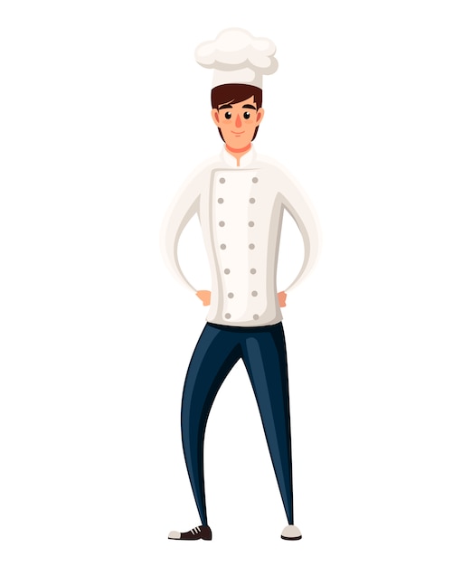 Junger koch. illustration auf weißem hintergrund. zeichentrickfigur . lächelnder mann