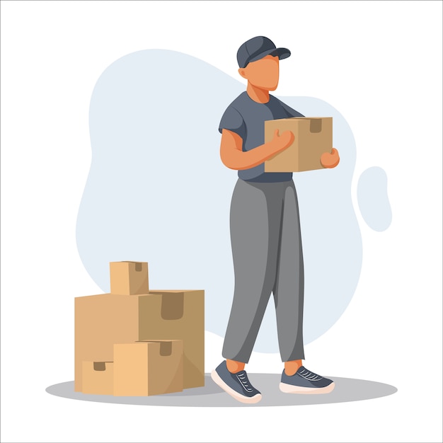Junger Kurier liefert Paketbox an Kunden.